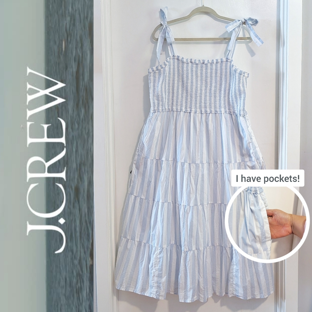 J.Crew Blue & White Striped Sleeveless Bow Smocked Tiered Midi Dress Size XXL